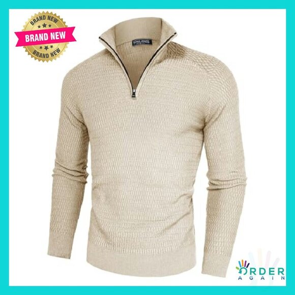 Quarter Zip Pullover Slim Fit Knit Textured Mock Neck Casual Elegant Classic - Picture 5 of 8